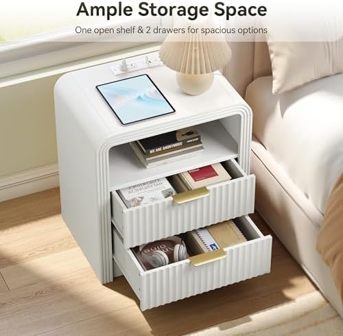 Decofy Fluted Nightstand Set of 2 with Charging Station, 2 Drawers, White