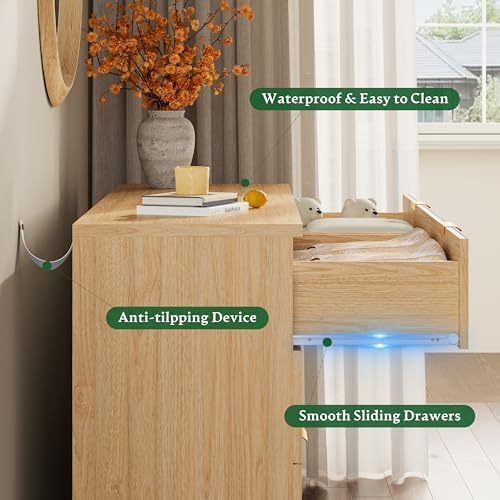 Xixini Fluted Dresser with 8 Drawers, 54" Wide Modern Chest of Drawers with Metal Handle, Wooden Dresser TV Stand, Wood Closet Clothes Storage Organizer for Bedroom, Living Room, Hallway, Natural Oak