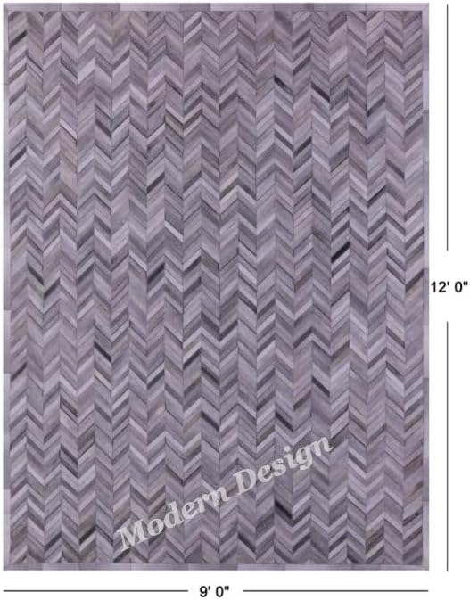 Modern Design Premium Cowhide Leather Carpet with Chevron Pattern, Area Rug (Natural Multi Grey, 9'6"x14'0)