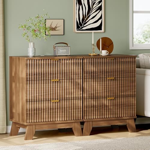 Xixini Fluted Nightstand with Charging Station, Tall Bedside Table, Walnut