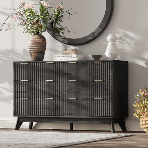 47" Wide Fluted 6 Drawers Dresser for Bedroom,Curved Edge,Black
