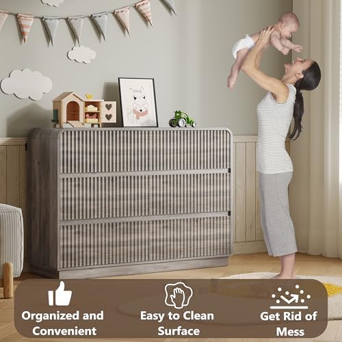 BORNOON Dresser for Bedroom with 6 Drawers, Fluted Chest of Drawers with Round Curved Corner, Hidden Handles, Modern Wood Storage Organizer for Bedroom, Nursery, Living Room
