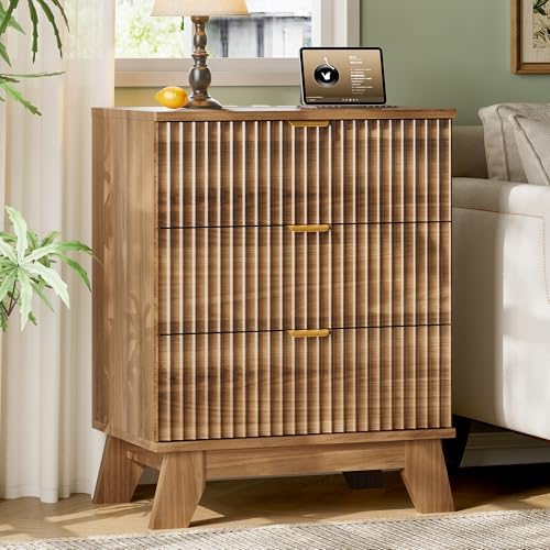 Xixini Fluted Nightstand with Charging Station, Tall Bedside Table, Walnut