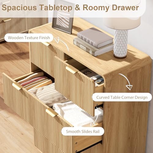 QUW Fluted 5 Drawers Dresser for Bedroom, Modern 40.2" Tall Drawer Dressers with Metal Handle, Wooden Chest of Dresser for Living Room, Hallway, Solid Wood Legs, Curved Profile Design, Natural Oak