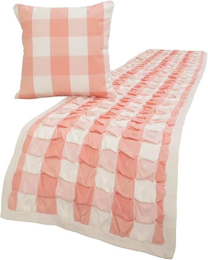 The HomeCentric King/Queen/Twin Peach Pink Decorative Queen 74"x18" Bed Runner with 2 Pillow Cover, Textured & Buffalo Checks Bed Scarf on Cotton Fabric - Buffalo Plaid Peach