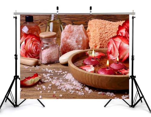 4x4ft Rose Petal Spa Backdrop with Pink Bath Bombs and Red Candles Photography Background for Skincare Relaxation and Romantic Party Decorations Banner Photo Booth Props - size: 4x4ft
