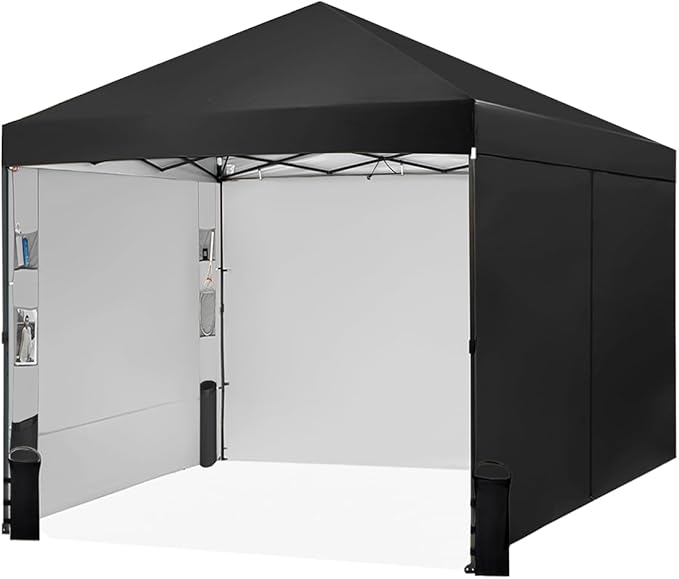 Tunbne 10X10 Comercial Pop Up Canopy Tent with 4 Sidewalls and 6 Pockets, One Push Setup Center Lock, for Beach Patio Outdoor, Case, 8 Stakes, 4 Ropes, 4 Sandbags (Pitch Black)