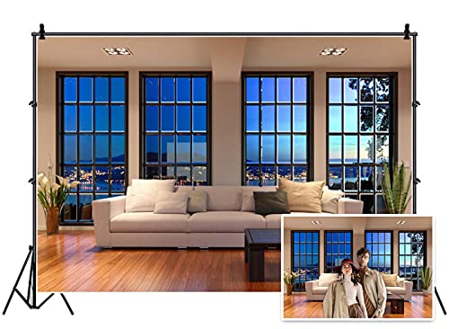 AOFOTO 7x5ft Business Office French Sash Window Backdrop Living Room Sofa Photography Background Interior Casement Work at Home Nightscape Modern Flat Furniture Apartment Decor Residence Villa Props - size: 7x5ft