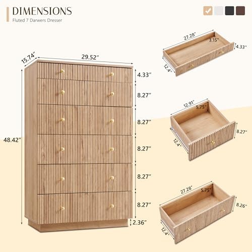 Aitjunz Fluted Dresser for Bedroom with 7 Drawers,45" Tal Modern Chest of Drawers with Metal Handle, Wooden Closet Clothes Storage Organizer for Living Room, Hallway, Natural Oak