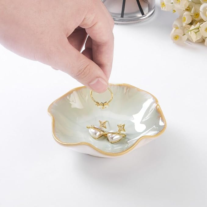 2PCS Lotus Leaf Shape Ring Holder Dish, Small Key Bowl, Ceramic Trinket Tray Jewelry Dish Organizing Necklace Earrings for Mom Friend Sister, All Jewelries Are NOT Included.Pink+Light Green.…