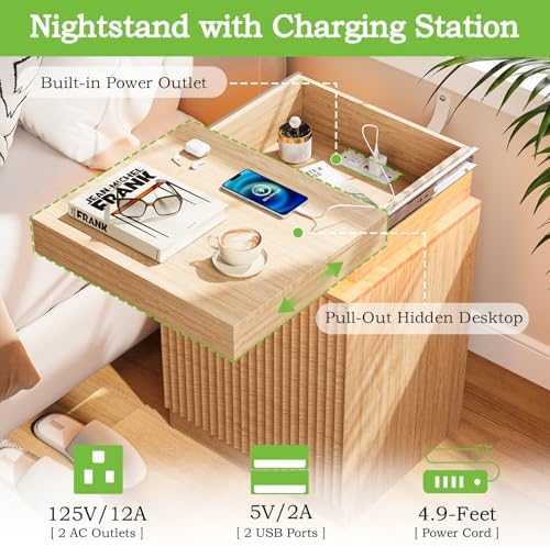 Fluted LED Night Stand with Charging Station, Natural Oak