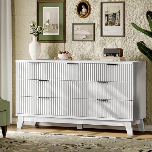 Xixini Fluted Dresser with 7 Drawers, 58" Wide Modern Chest of Drawers with Metal Handle, Wooden Dresser TV Stand, Wood Closet Clothes Storage Organizer for Bedroom, Living Room, Hallway, Solid White
