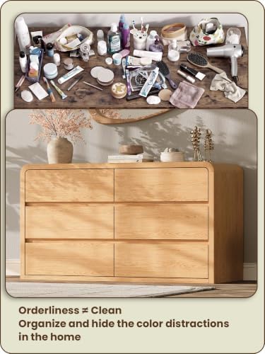 Modern 54" Wide 6 Drawers Dresser with Curved Profile Design,Oak