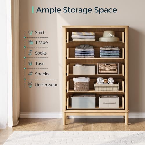 LINSY HOME Fluted 5 Drawers Dresser, 46" Tall Modern Chest of Drawers, Curved Profile Design, Mid Century Wood Dresser with Metal Handle for Bedroom, Living Room, Hallway, Entryway, Oak
