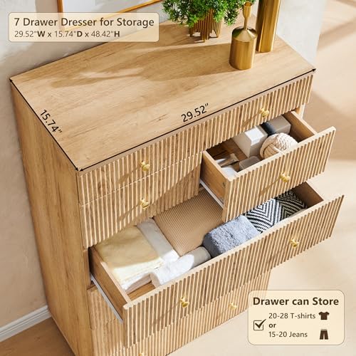Aitjunz Fluted Dresser for Bedroom with 7 Drawers,45" Tal Modern Chest of Drawers with Metal Handle, Wooden Closet Clothes Storage Organizer for Living Room, Hallway, Natural Oak