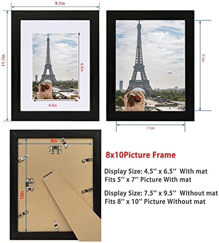 Hongkee 8x10 Picture Frame Set of 4, Made of Real Glass and Rustic Black Wooden Frame, 8 by 10 Photo for Wall or Tabletop - Display Picture 5x7 with Mat or 8x10 Without Mat