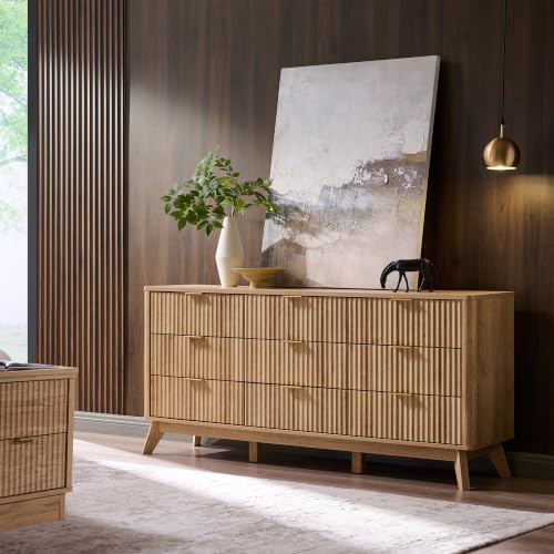 T4TREAM 63" Wide Fluted 9 Drawer Dresser for Bedroom, Natural Oak