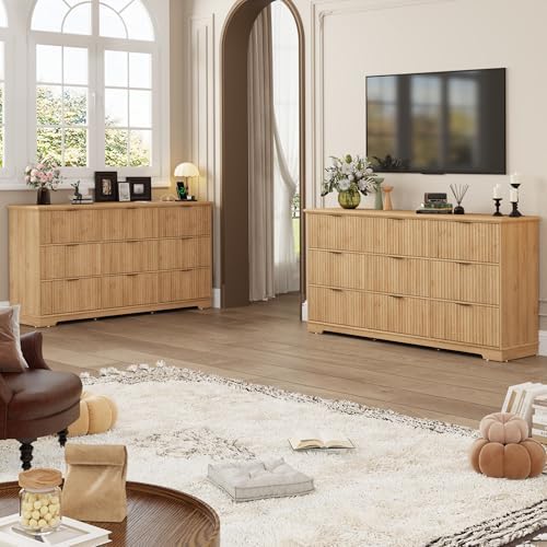 Fluted 9 Drawers Dresser for Bedroom, 63" Wood Dresser w/Power Outlet and Deep Drawers, Wide Chest of Drawers, Modern Closet Dressers for Living Room, Upgraded Version w/Wooden Drawers, Oak