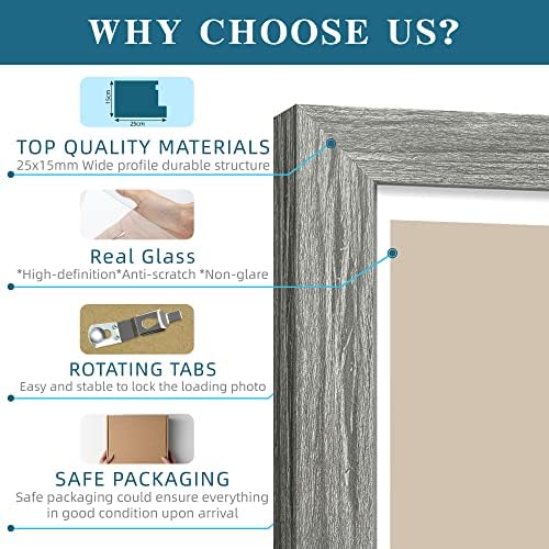 Hongkee 4x6 Picture Frame Set of 4, Made of Real Glass and Grey Wooden Frame, 4 by 6 Photo for Wall or Tabletop - Display Picture 3.5x5 with Mat or 4x6 Without Mat