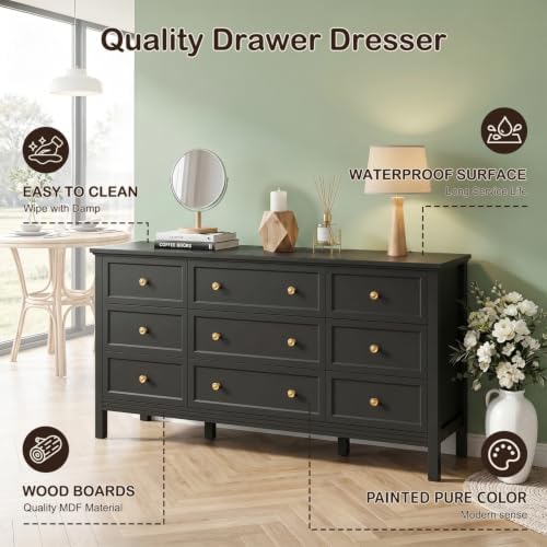 CARPETNAL 59" Black Dresser for Bedroom with 9 Drawer & Modern Gold Handles
