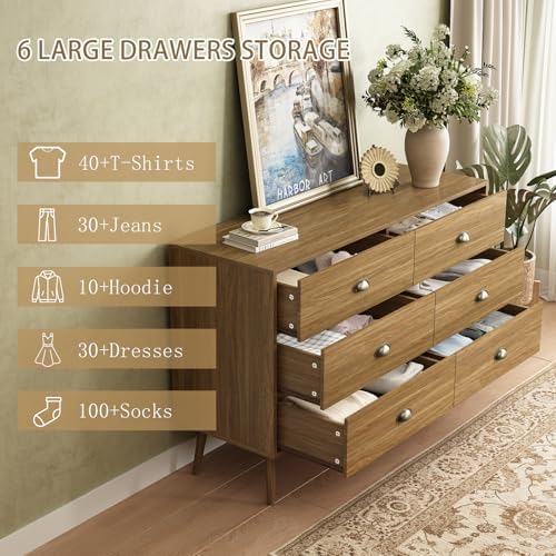 Oak 6 Drawer Dresser for Bedroom, 47" Wood Dresser with Gold Handles.