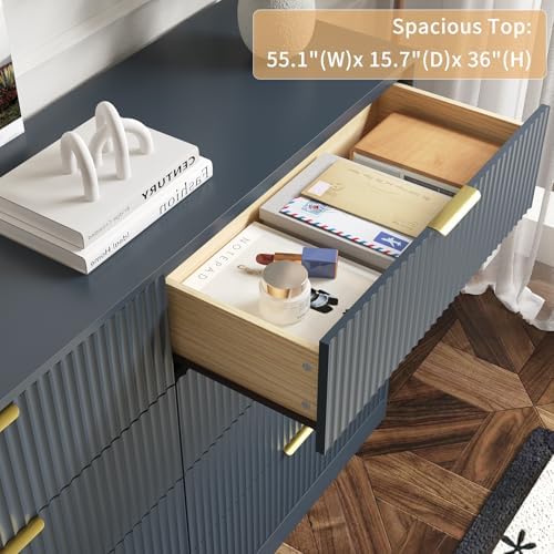 8 Drawer Dresser for Bedroom, Modern Fluted Double Dresser, 55" Wide Chest of Dressers, Mid Century Wooden Beside Table for Closet, Living Room and Entryway, Blue