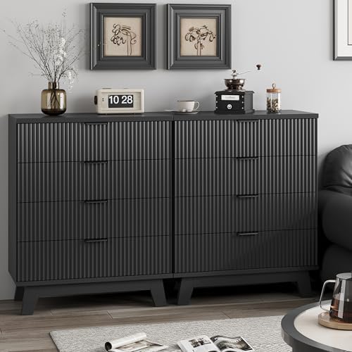 Xixini Fluted Nightstand with 4 Drawers, 31.5" Wide Side Table, Black