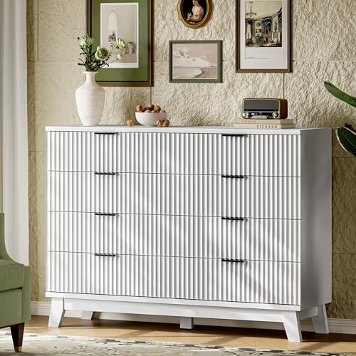 Xixini Fluted Dresser with 8 Drawers, 54" Wide Modern Chest of Drawers with Metal Handle, Wooden Dresser TV Stand, Wood Closet Clothes Storage Organizer for Bedroom, Living Room, Hallway, Solid White