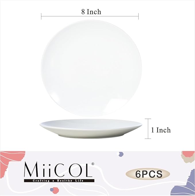 Miicol Ceramic Appetizer Plates Set of 6, White Dessert Plates 8 Inch
