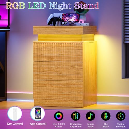 Fluted LED Night Stand with Charging Station, Natural Oak
