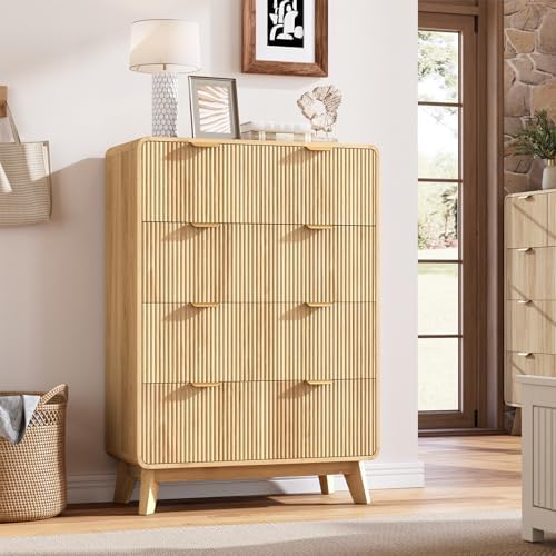 QUW Fluted 5 Drawers Dresser for Bedroom, Modern 40.2" Tall Drawer Dressers with Metal Handle, Wooden Chest of Dresser for Living Room, Hallway, Solid Wood Legs, Curved Profile Design, Natural Oak