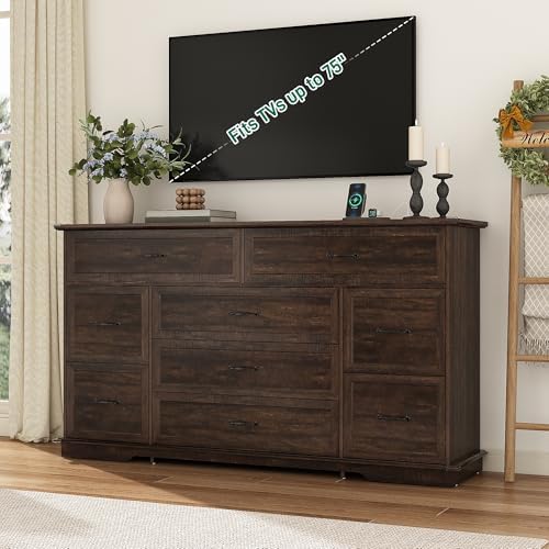 jiteentarou Farmhouse 9 Drawer Dresser for Bedroom,63” Wood Dresser & Chest of Drawers with Power Outlets,Large & Wide Dressers for Bedroom,Tall Storage Dresser Organizer(Rustic Brown)