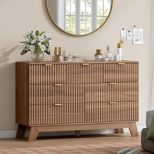 Wodeer 7 Drawer Fluted Dresser for Bedroom, Mid Century Modern Wooden Dresser with 7 Drawers, Dressers & Chests of Drawers with Metal Handle, TV Stand & Storage Organizer for Entryway, Hallway, Walnut