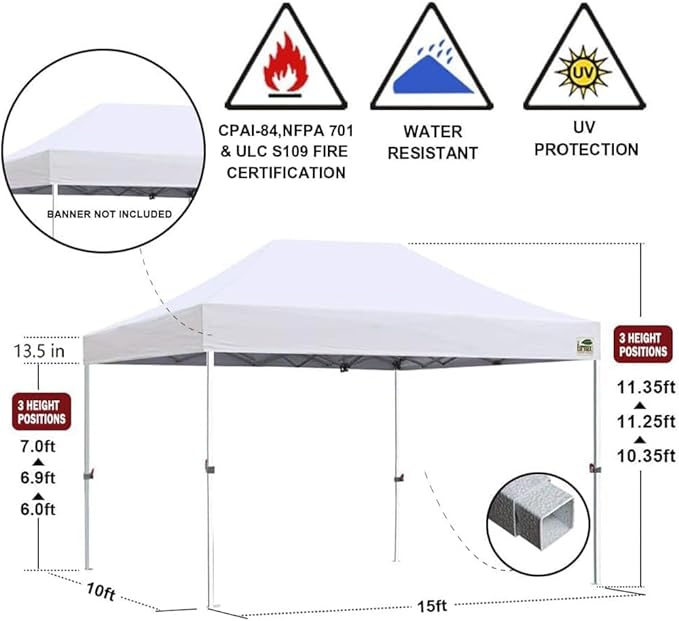 Eurmax USA 10x15ft Pop Up Canopy, Commercial Instant Tent for Outdoor Events, Patented No-Tip Rolling Storage Bag with 4 Sandbags,UV & Water Resistant,Heavy Duty Portable Shelter Gazebo,Black