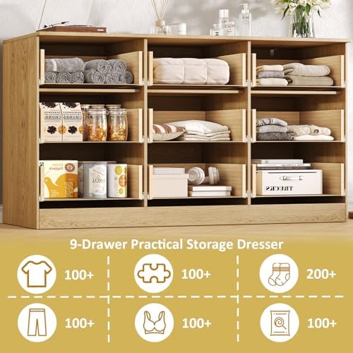 60.3" Wide Fluted 9 Drawer Dresser for Bedroom, Natural
