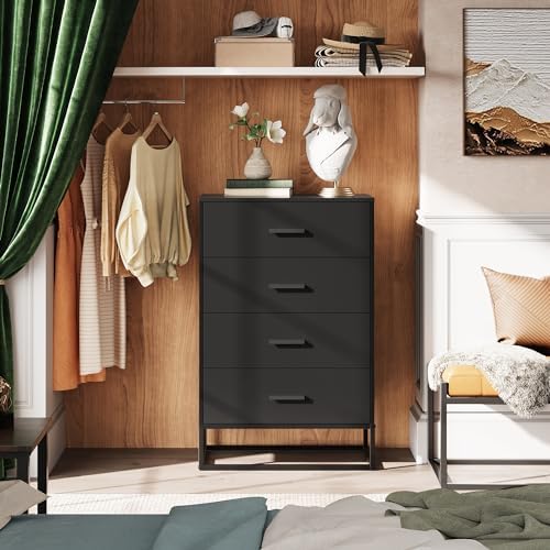 WLIVE Black Dresser for Bedroom with 4 Drawers, Tall Dresser with Sturdy Metal Frame, Wood Chest of Drawers for Closet, Living Room, Hallway