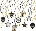 Happy 17th Birthday Black & Gold Glitter Swirls Streamers Party Decorations - 15 Pcs 17th Birthday Hanging Swirls Streamers Kit,Cheers to Seventeen Years Old Bday Party Sign.