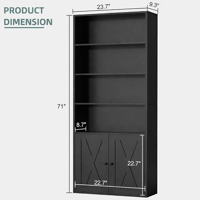 Modern Bookshelf with Doors, Industrial Bookshelves with 6-Tier Shelf, 71