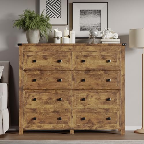 BORNOON Tall 8-Drawer Dresser, Modern Wooden Storage Chest of Drawers, Dresser TV Stand, Wood Drawer Organizer with Metal Handles for Bedroom, Living Room, Hallway