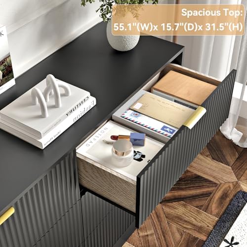 6 Drawers Fluted Dresser for Bedroom, 55" Wide Wooden Dresser with Deep Drawers, Large Floor Chest of Drawers, Modern Long TV Stand, Storage Cabinet Side Table, Black