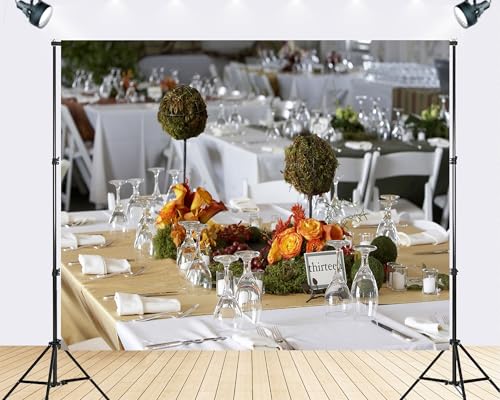 Trykid 12x8ft Wedding Table Centerpieces Backdrop Orange Roses Moss Balls Table Number Thirteen Photography Background Event Styling Tapestry Party Decoration Photo Studio Prop Fabric - size: 12x8ft