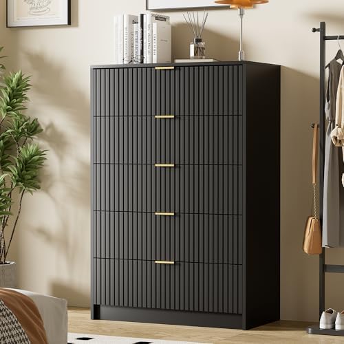 Furniway Black Dresser for Bedroom, Modern Dresser with 5 Drawers and Smooth Slides, Wide Chest of Drawers with Golden Handles for Bedroom, Living Room, Closet, 15.7" D x 31.5" W x 47.2" H