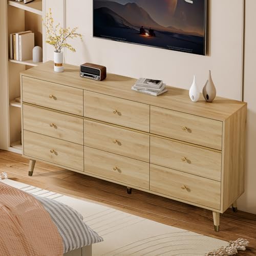 Chrangmay 9 Drawer Dresser,47" Wide Mid Century Modern Chest of Drawers,Wooden Bedroom Drawer Dresser with 9 Storage Drawers for Bedroom, Living Room,with Anti-Tipping Device,Yellow