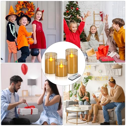 wemarry Flameless Candles 4" 5" 6" Acrylic Glass Pillars 3" Diameter Battery Operated Flickering Candles Include 8-Key Remote with Timer Function 400+ Hours (Amber, Warm Light 3 Pack) - color: Amber, size: Warm Light 3 Pack