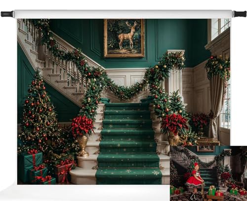Kate Christmas Photography Backdrops Christmas Retro White Green Marble Staircase Backdrop, 10x6.5ft - size: 10x6.5ft