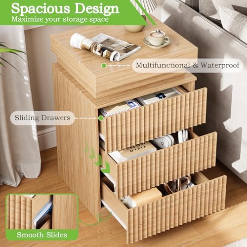 Fluted LED Night Stand with Charging Station, Natural Oak