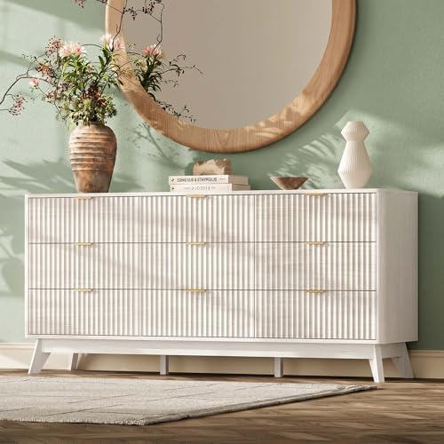 63" Wide Fluted 9 Drawers Dresser for Bedroom,Curved Edge,White