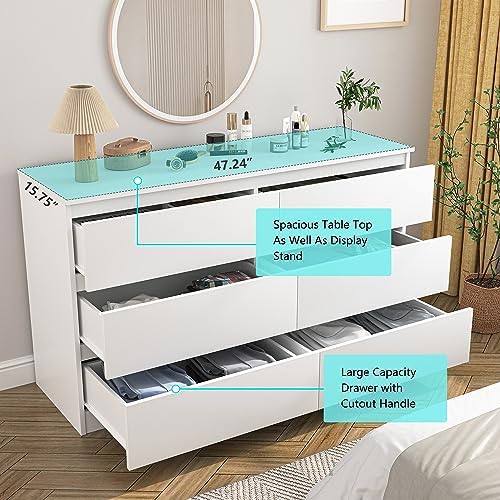 Vibe & Dine White Dresser, Modern 6 Drawer Double Dresser for Bedroom, Wood Chest of Drawers with Wide Storage for Living Room