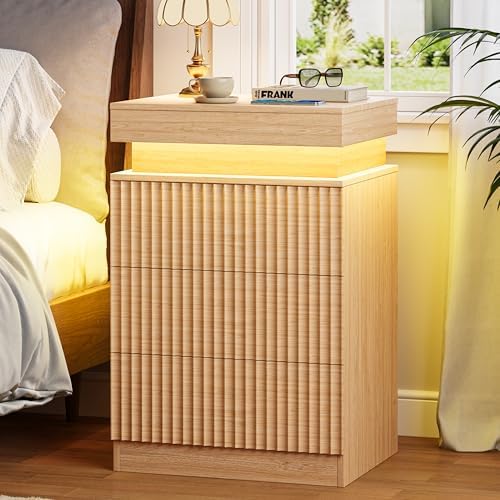 Fluted LED Night Stand with Charging Station, Natural Oak