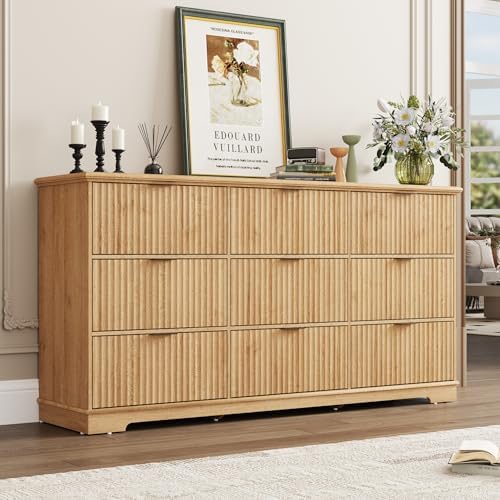 Fluted 9 Drawers Dresser for Bedroom, 63" Wood Dresser w/Power Outlet and Deep Drawers, Wide Chest of Drawers, Modern Closet Dressers for Living Room, Upgraded Version w/Wooden Drawers, Oak